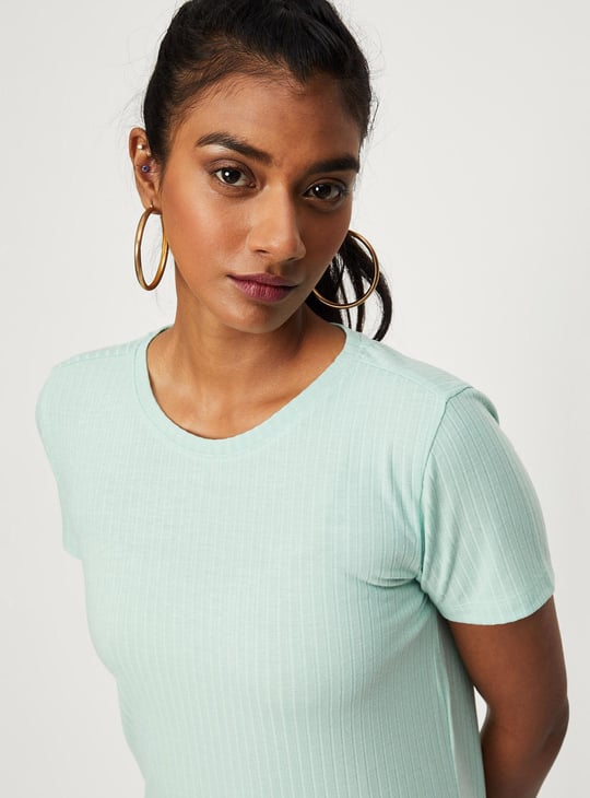 Women Textured Knit T-shirt Green Textured