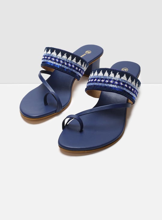 MAX Women Embellished Block Heel Sandals Blue Textured
