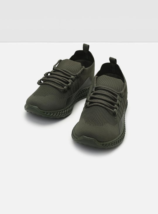 Men Flyknit Lace-Up Sports Shoes Olive Green Knit