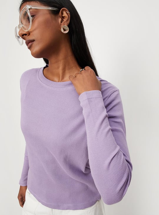 Women Ribbed Full Sleeves T-shirt