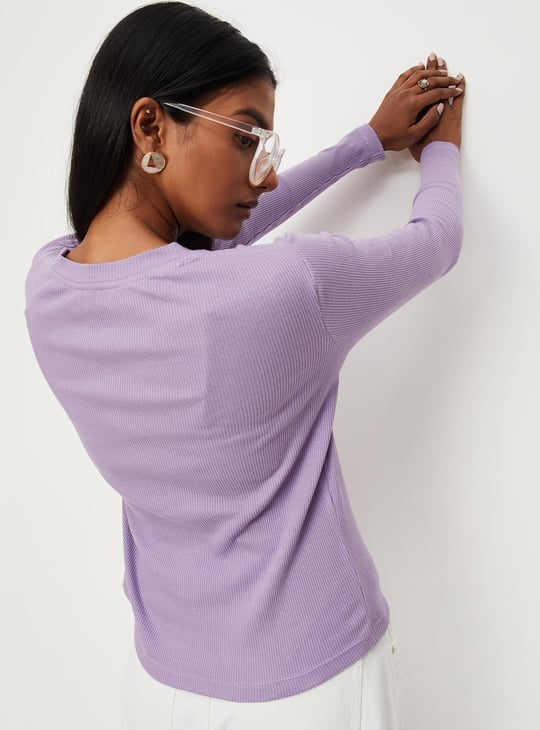 Women Ribbed Full Sleeves T-shirt
