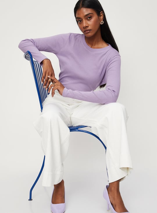 Women Ribbed Full Sleeves T-shirt