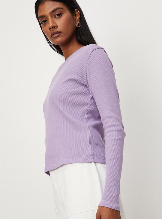 Women Ribbed Full Sleeves T-shirt
