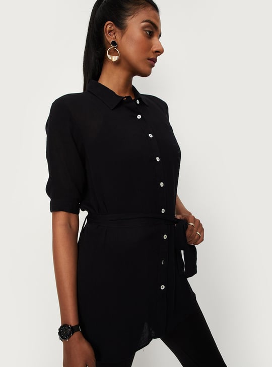 Women Solid Tie-Up Waist Tunic