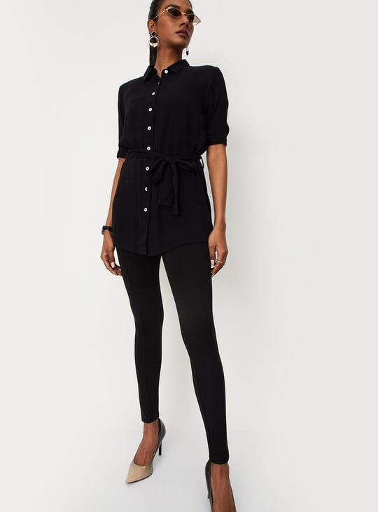 Women Solid Tie-Up Waist Tunic