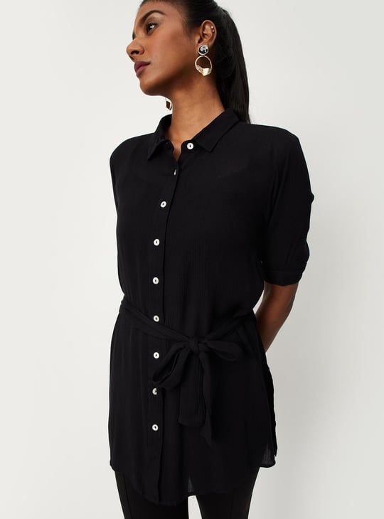 Women Solid Tie-Up Waist Tunic