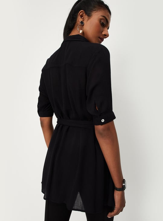 Women Solid Tie-Up Waist Tunic