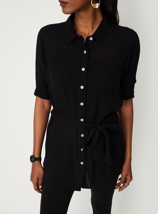 Women Solid Tie-Up Waist Tunic