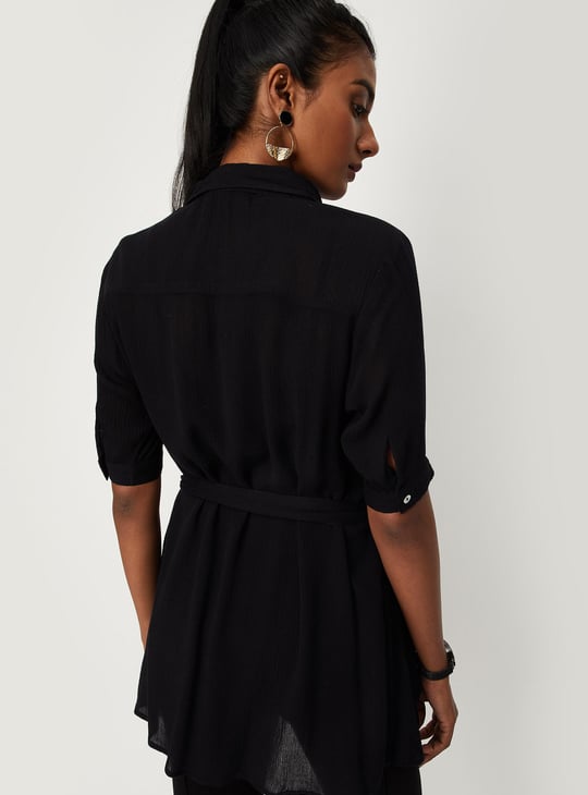 Women Solid Tie-Up Waist Tunic