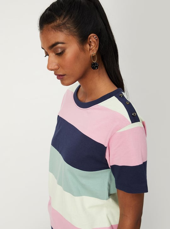 Women Striper Button-Detailed T-shirt