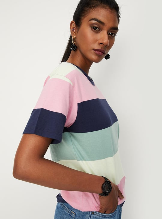 Women Striper Button-Detailed T-shirt