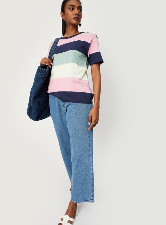 Women Striper Button-Detailed T-shirt