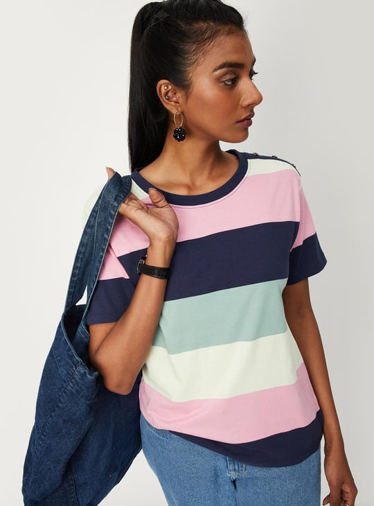 Women Striper Button-Detailed T-shirt