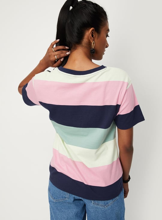 Women Striper Button-Detailed T-shirt