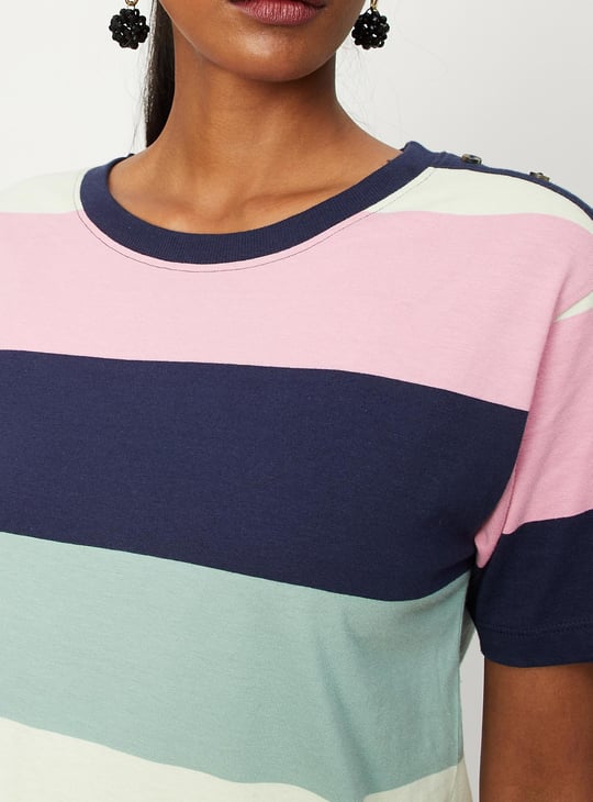 Women Striper Button-Detailed T-shirt