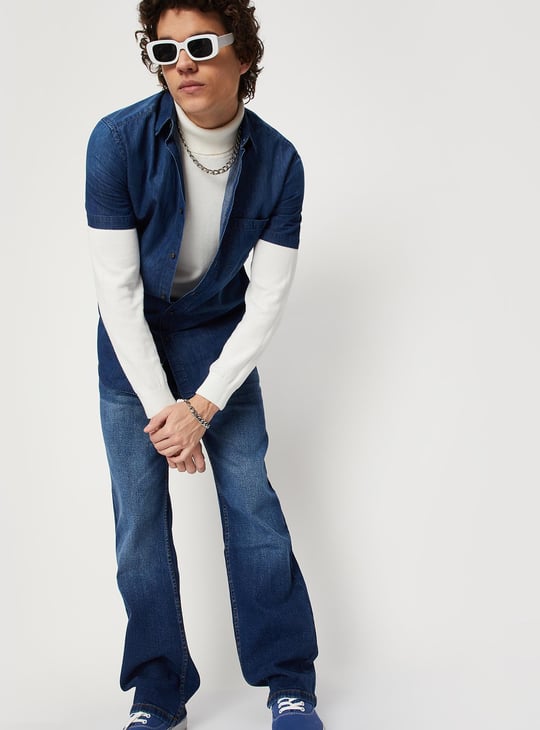 Men Solid Half Sleeves Slim Fit Denim Shirt