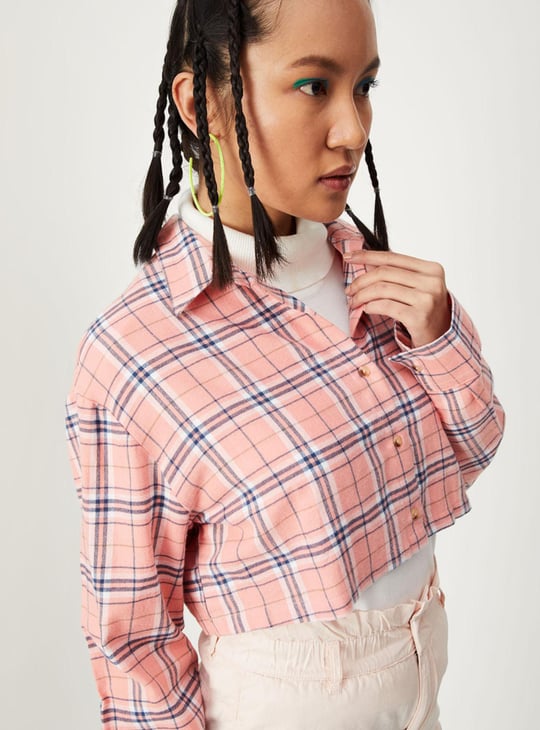 Women Checked Yarn Dyed Crop Shirt | Pink | Checked