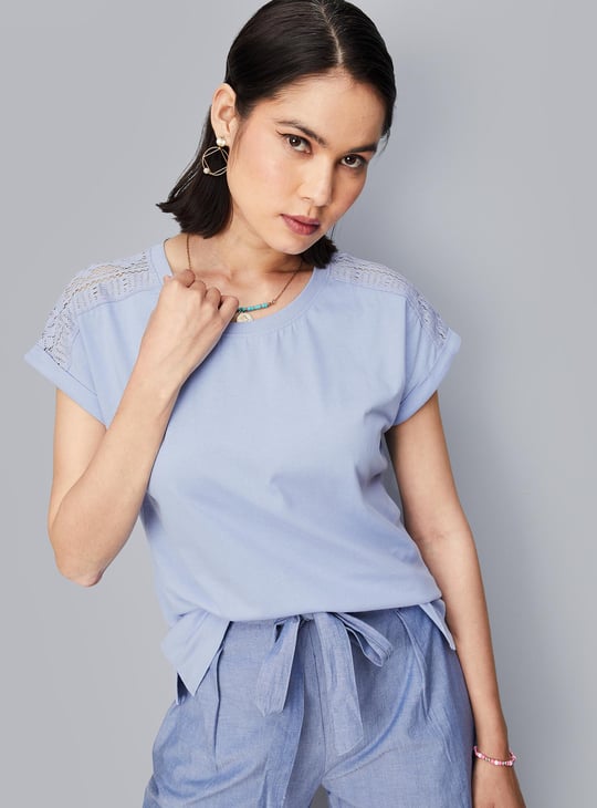 Women Lace Panel Extended Sleeve Top