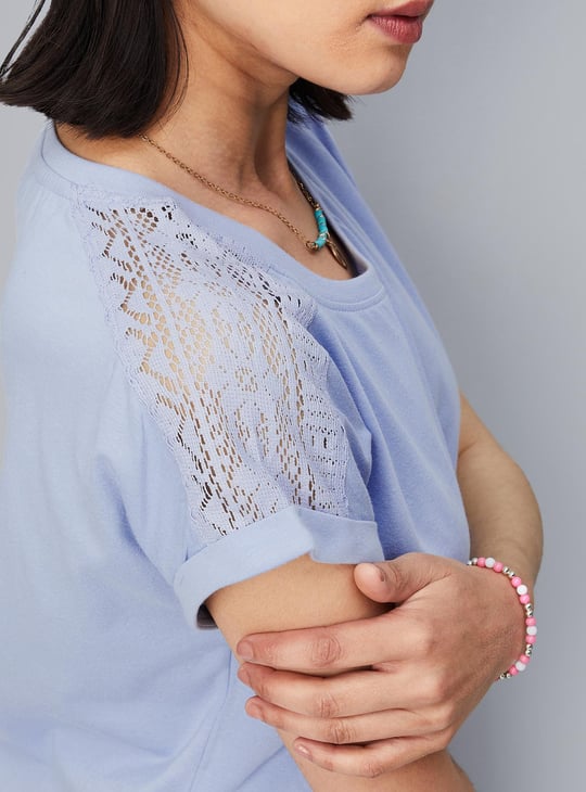 Women Lace Panel Extended Sleeve Top