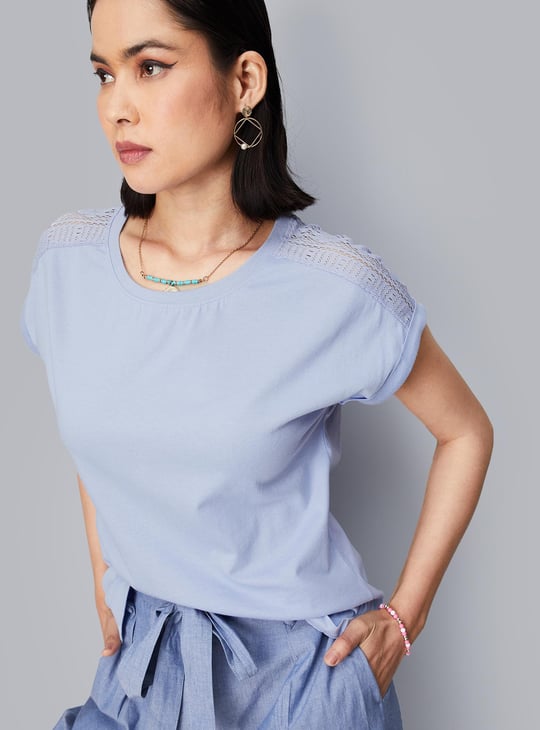 Women Lace Panel Extended Sleeve Top