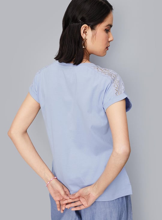 Women Lace Panel Extended Sleeve Top