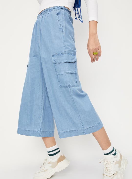 Women Solid Wide Leg Denim Culottes - Main Image