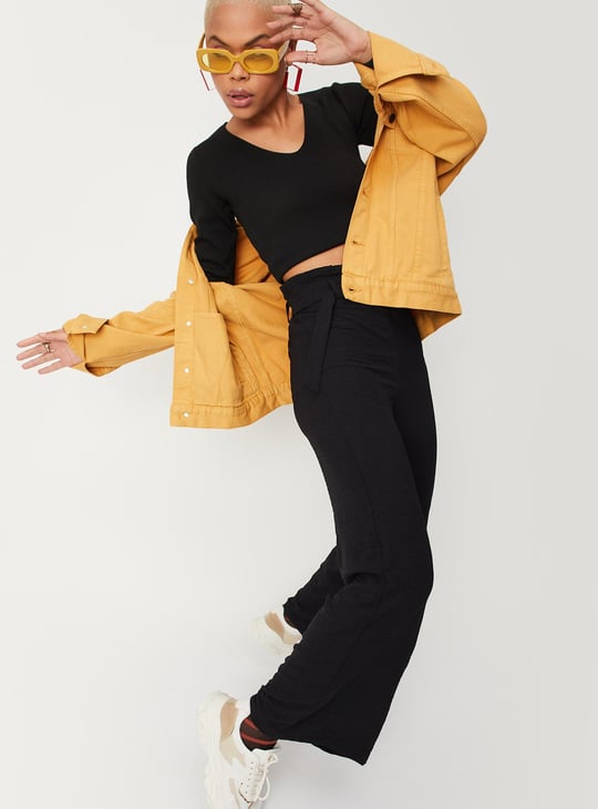 Women Solid Paper-Bag Wide-Legged Trousers