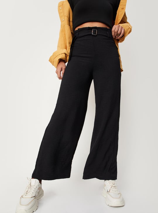 Women Solid Paper-Bag Wide-Legged Trousers