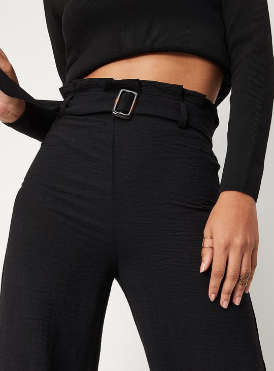 Women Solid Paper-Bag Wide-Legged Trousers