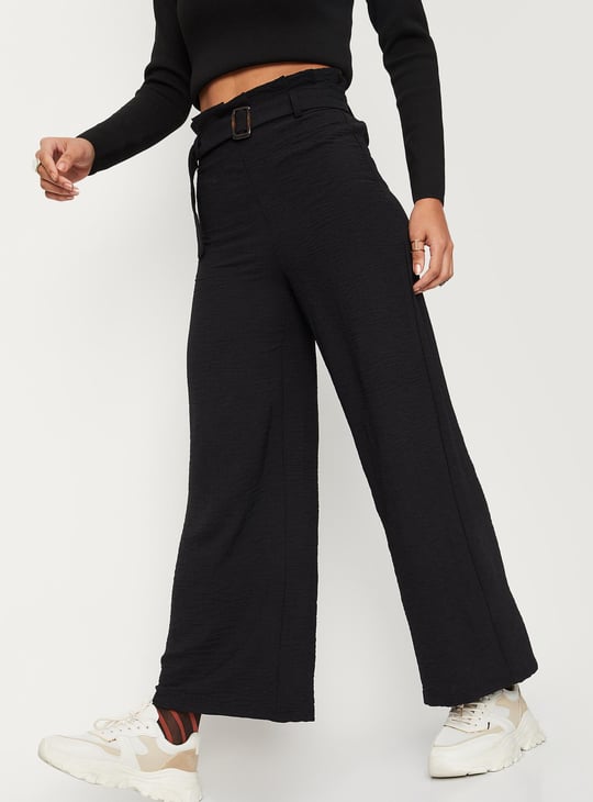 Women Solid Paper-Bag Wide-Legged Trousers