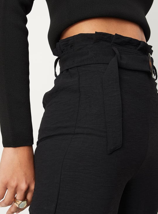 Women Solid Paper-Bag Wide-Legged Trousers