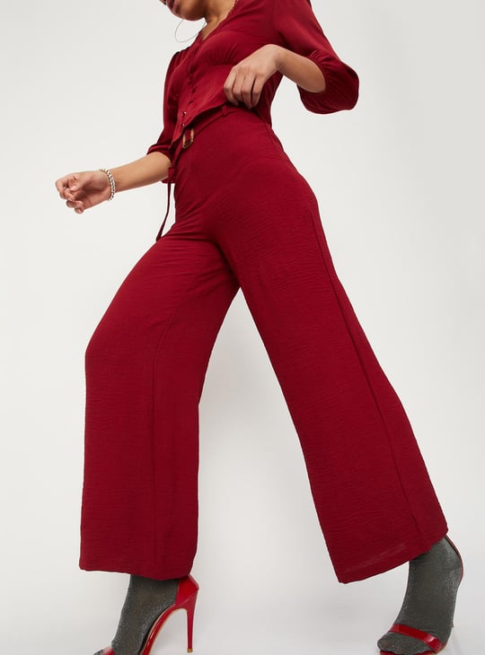 Women Solid Paper-Bag Wide-Legged Trousers