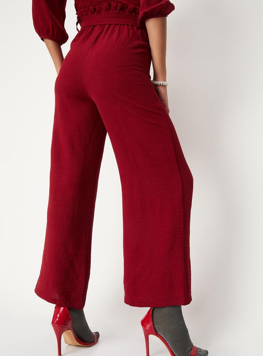 Women Solid Paper-Bag Wide-Legged Trousers