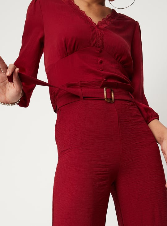 Women Solid Paper-Bag Wide-Legged Trousers