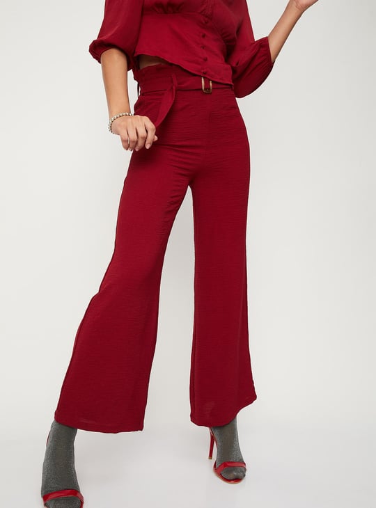 Women Solid Paper-Bag Wide-Legged Trousers