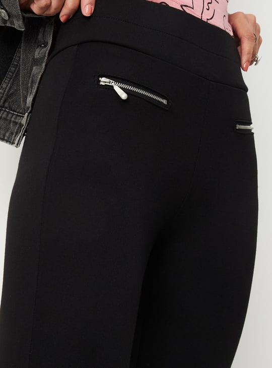 Women Solid Jeggings with Front Zipper Detail