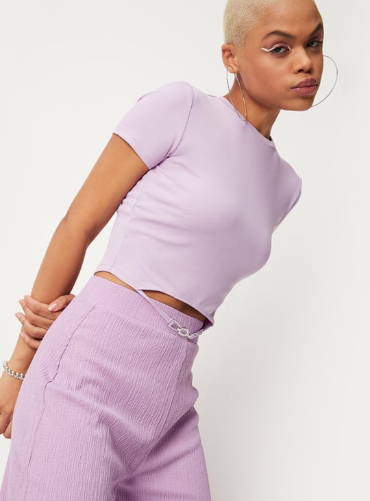 Women Textured Cutout Hem Crop T-shirt