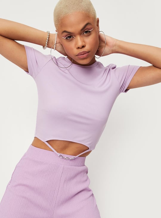 Women Textured Cutout Hem Crop T-shirt