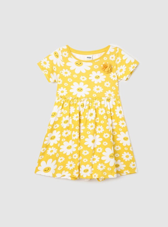 Girls Floral Printed Round Neck A-Line Dress