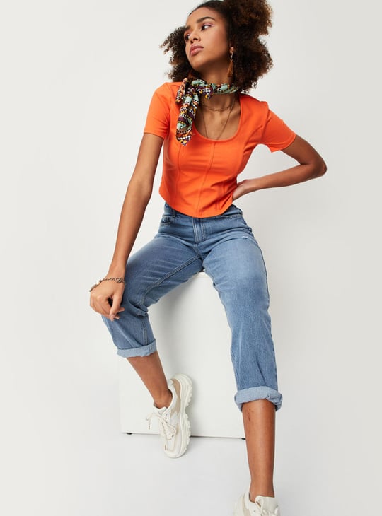 Women Textured Round Neck Corset Top