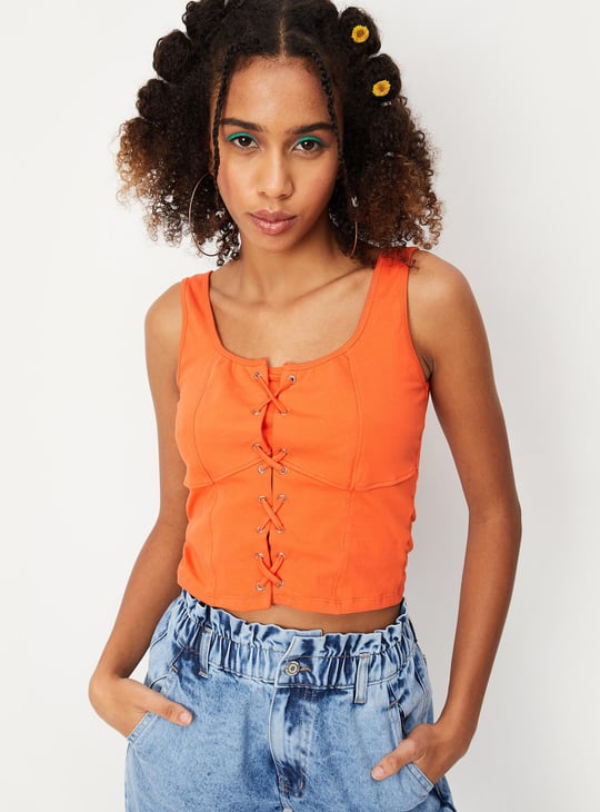 Buy Women Solid Lace-Up Corset Top Online at just Rs. 499.0
