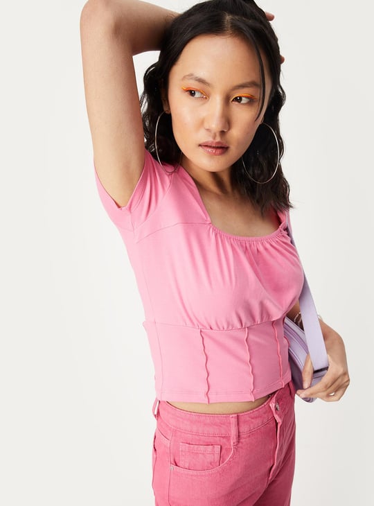 Women Solid Square Neck Gathered Crop Top