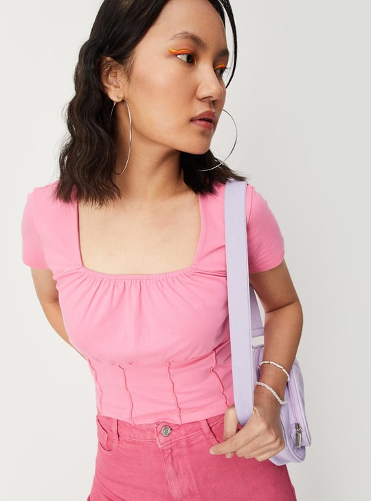 Women Solid Square Neck Gathered Crop Top