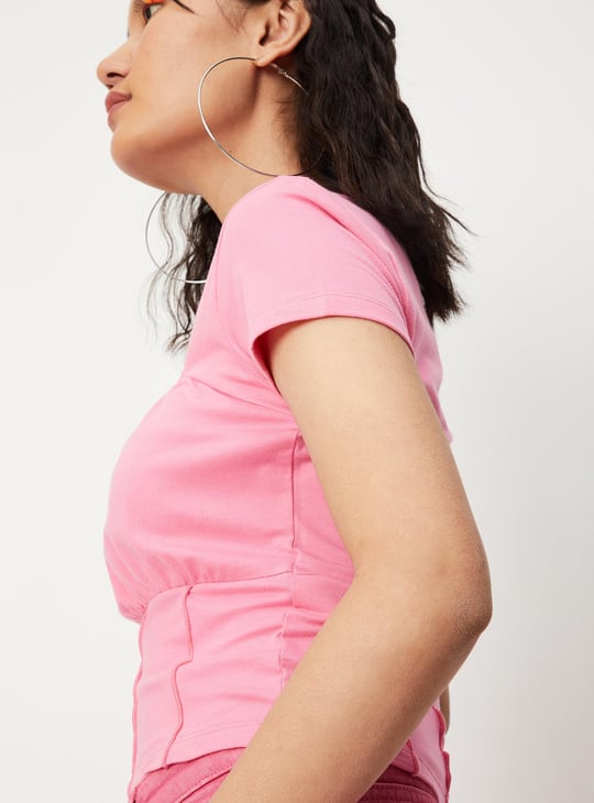 Women Solid Square Neck Gathered Crop Top