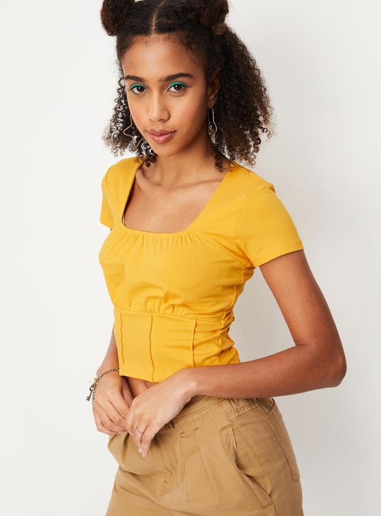 Women Solid Square Neck Gathered Crop Top
