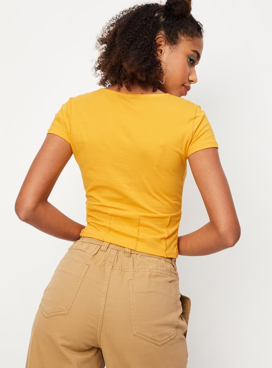 Women Solid Square Neck Gathered Crop Top