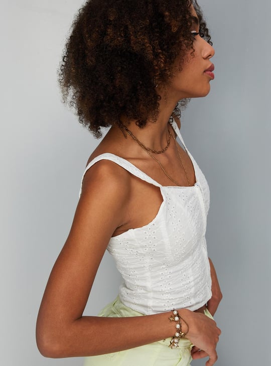 Women Schiffli Zip Corset Top | White | Embroidered