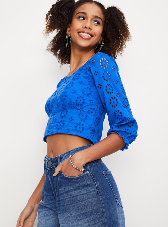 Women Schiffli Embroidered Crop Top | Blue | Embroidered