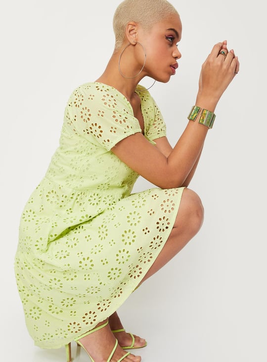 Women Schiffli Square Neck Tiered A-line Dress | Green | Textured Women Schiffli Square Neck Tiered A-line Dress | Green | Textured
