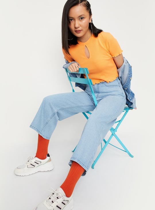 Women Ribbed Cut-Out Crop Top